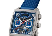 TAG Heuer Challenges Tradition With Its Most Radical Monaco Yet Tag Heuer Monaco Chronograph Skeleton Caliber Heuer automatic titanium and blue watch