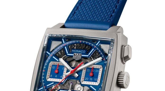 TAG Heuer Challenges Tradition With Its Most Radical Monaco Yet Tag Heuer Monaco Chronograph Skeleton Caliber Heuer automatic titanium and blue watch