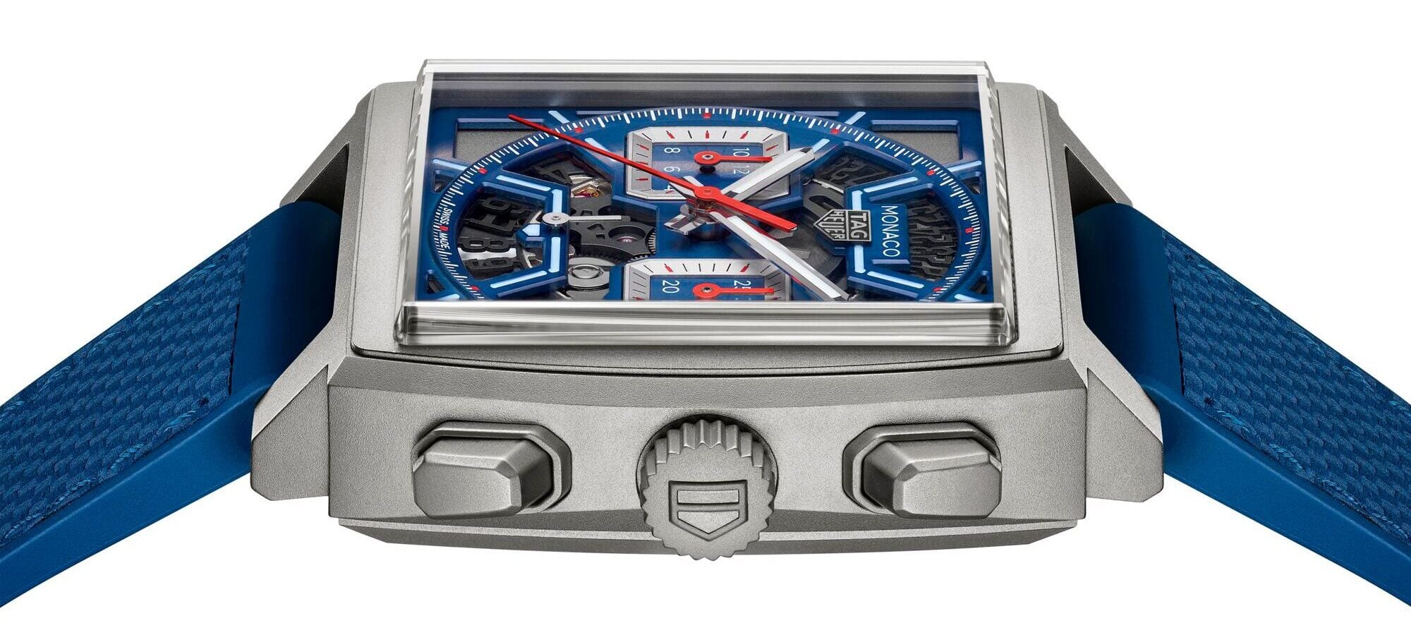 Tag Heuer Monaco Chronograph Skeleton Caliber Heuer automatic titanium and blue watch Tag Heuer Monaco Chronograph Skeleton Caliber Heuer automatic titanium and blue watch
