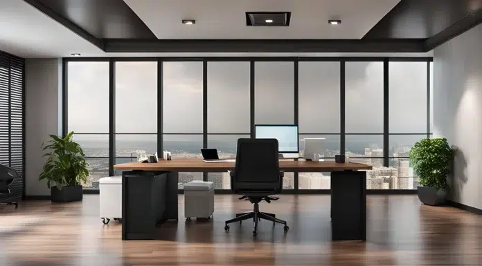 Modern Executive Desk Setup: High-Quality Wellness Hardware to boost focus and long-lasting energy. Modern Executive Desk Setup. Vecteezy-medium
