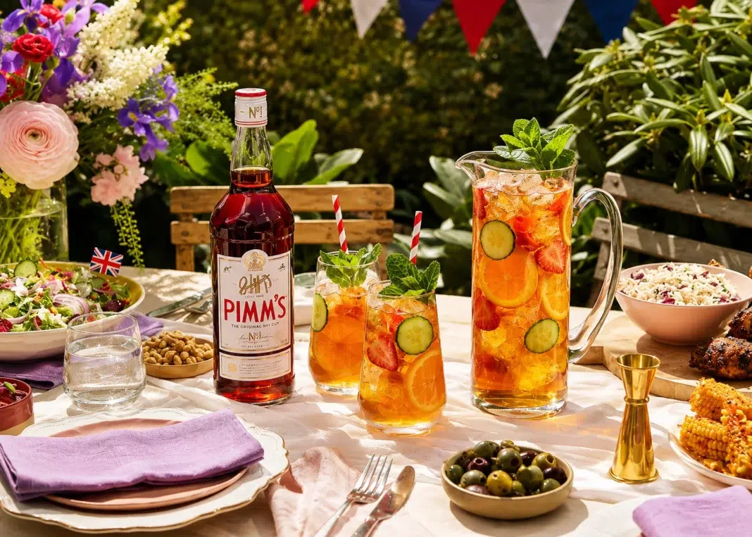 Pimm’s summer cup served with fruit at an outdoor garden table Pimm’s summer cup served with fruit at an outdoor garden table