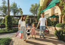 Where to Live in Irvine for Walkability, Shopping & Weekend Activities An Irvine family enjoys shopping in an outdoor mall