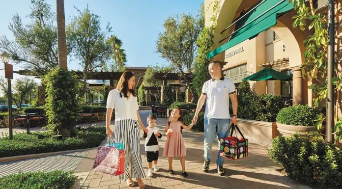 Where to Live in Irvine for Walkability, Shopping & Weekend Activities An Irvine family enjoys shopping in an outdoor mall