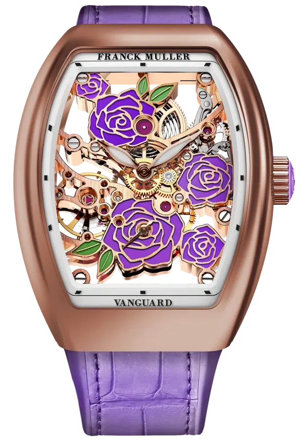 The model highlighted here, reference V 32 S6 SQT ROSE D CD 2RO (RG), brings that idea into a richer register. The “RG” designation indicates a rose-gold execution, while the diamond-set composition adds brilliance without obscuring the openworked movement. Two roses are set with diamonds, creating points of light among the hand-painted floral bridges. There is an appealing tension in that arrangement. Rose gold suggests warmth and softness; diamonds introduce precision and fire; the visible movement contributes discipline. Each element might have overwhelmed the others in a less assured design, but here they are held in careful balance. Franck-Muller-Vanguard-Rose-Skeleton