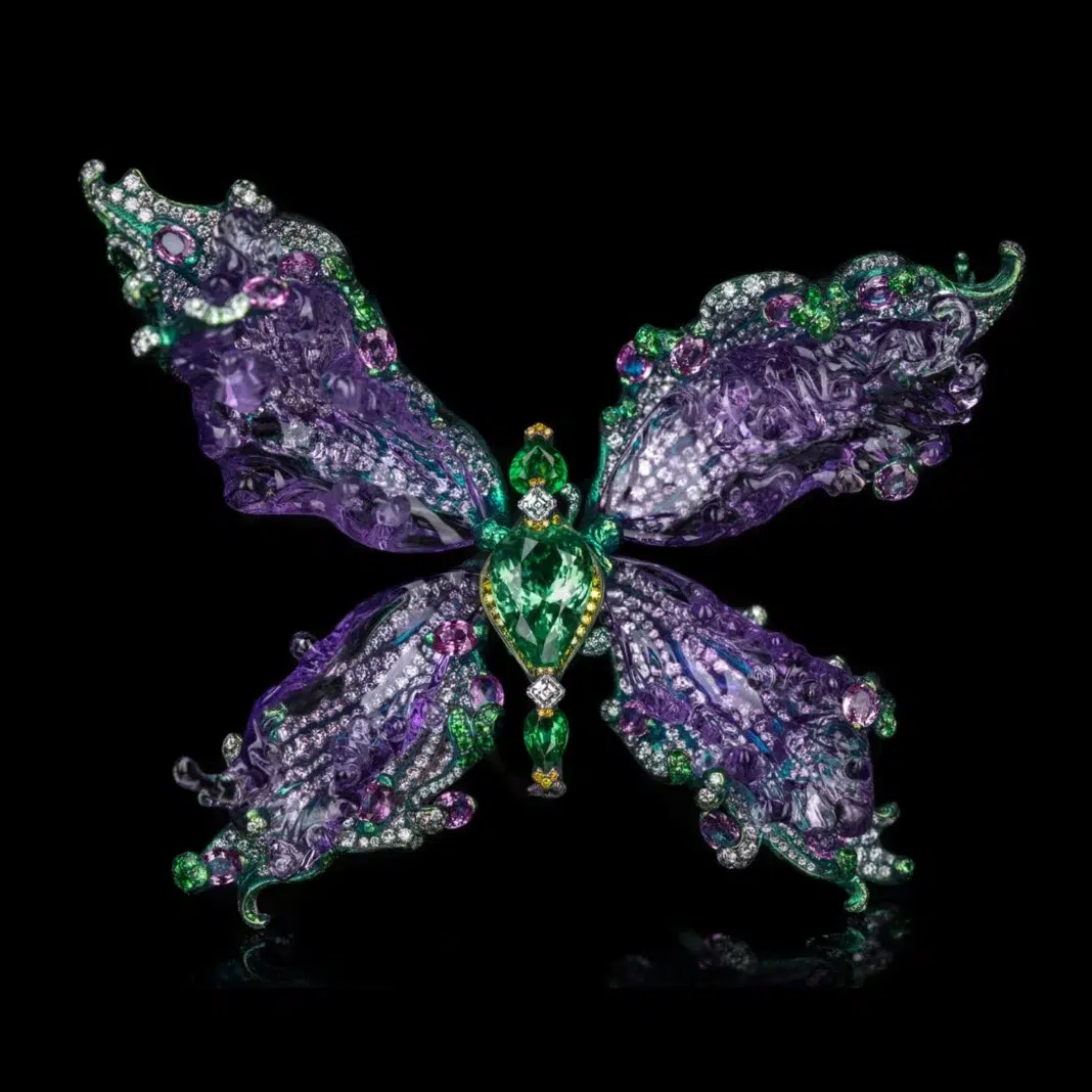 Wallace Chan The Waves titanium butterfly jewel with green and purple gemstones Wallace Chan The Waves titanium butterfly jewel with green and purple gemstones