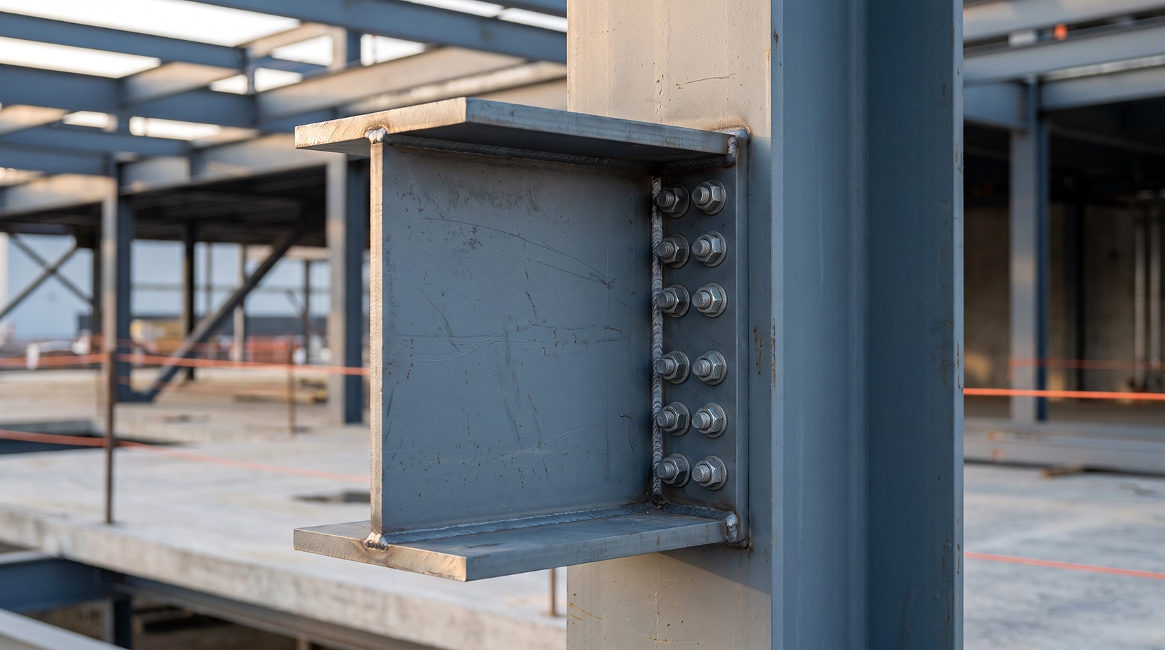 Extended end-plate steel moment connection close-up for luxury structures Extended end-plate steel moment connection close-up for luxury structures
