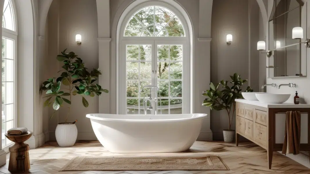 Beautiful acrylic freestanding bathtub. Vecteezy-medium Beautiful acrylic freestanding bathtub. Vecteezy-medium