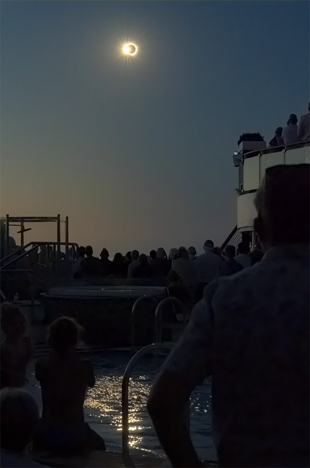 Guests aboard Cunard Queen Anne watching the total solar eclipse at sea Guests aboard Cunard Queen Anne watching the total solar eclipse at sea