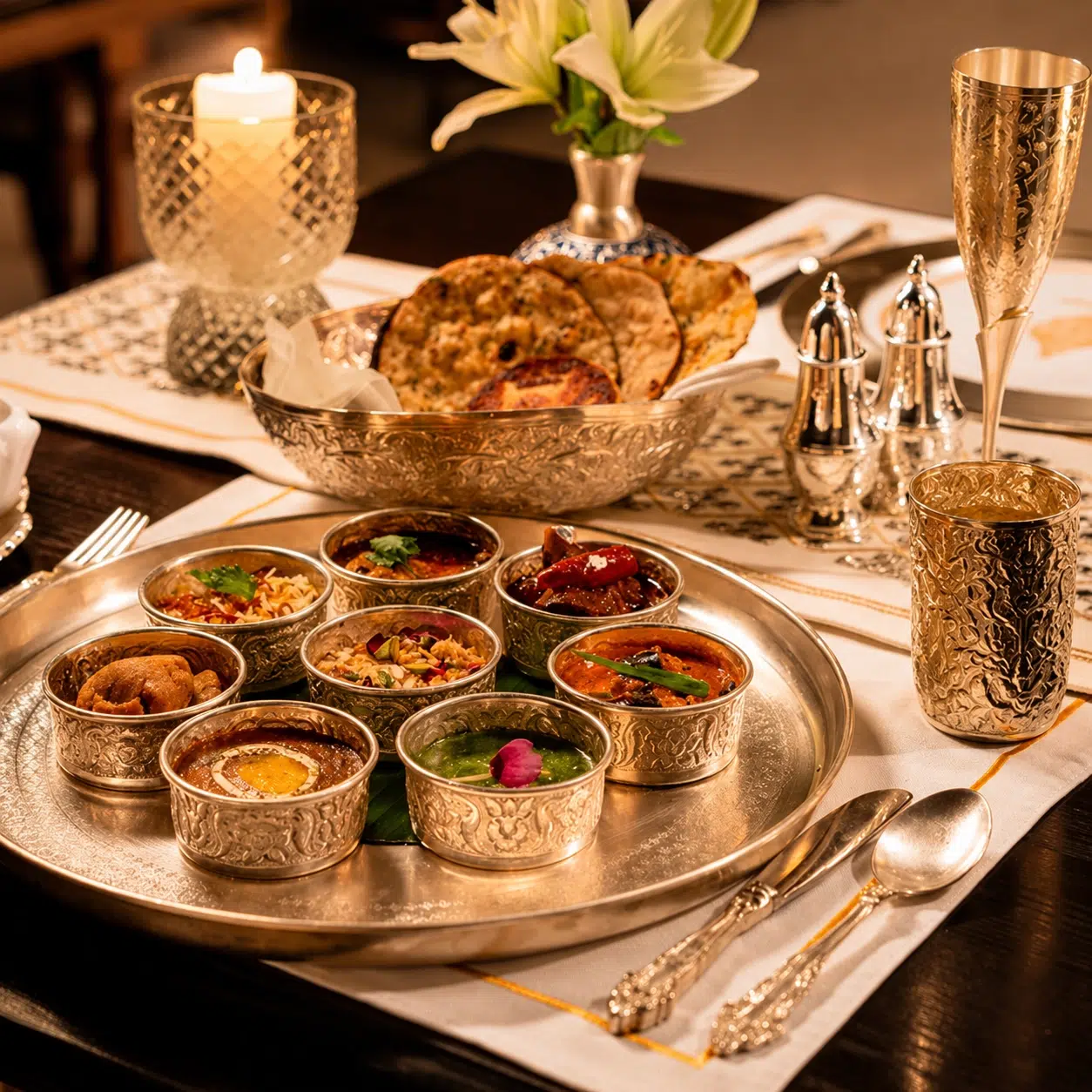 A beautifully presented Indian feast at Jamavar Jaipur showcases the restaurant’s refined take on traditional flavors, served in elegant silverware. A beautifully presented Indian feast at Jamavar Jaipur showcases the restaurant’s refined take on traditional flavors, served in elegant silverware.
