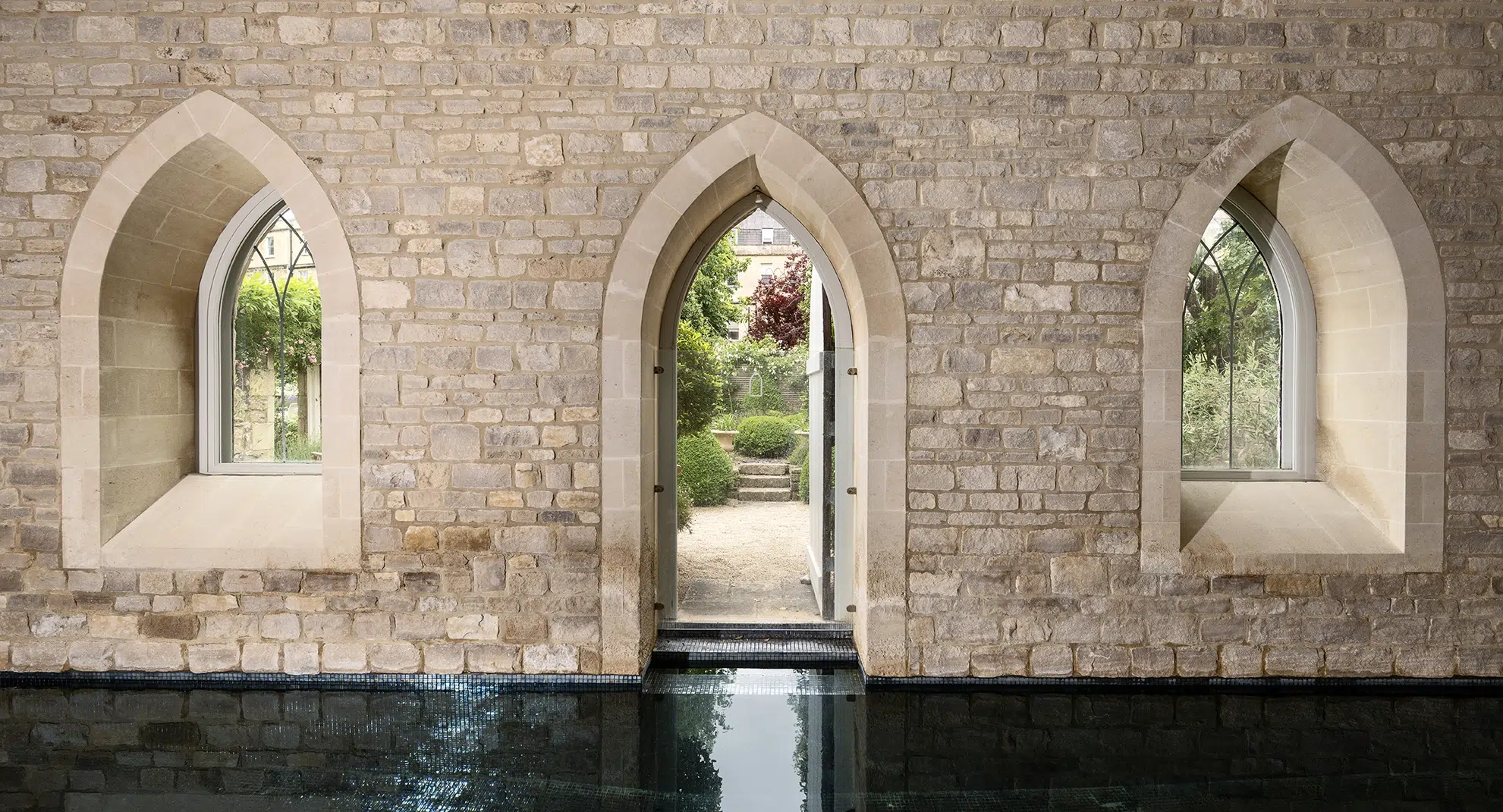 Pool with door to the garden at the Crescent Hotel & Spa in Bath Pool with door to the garden at the Crescent Hotel & Spa in Bath
