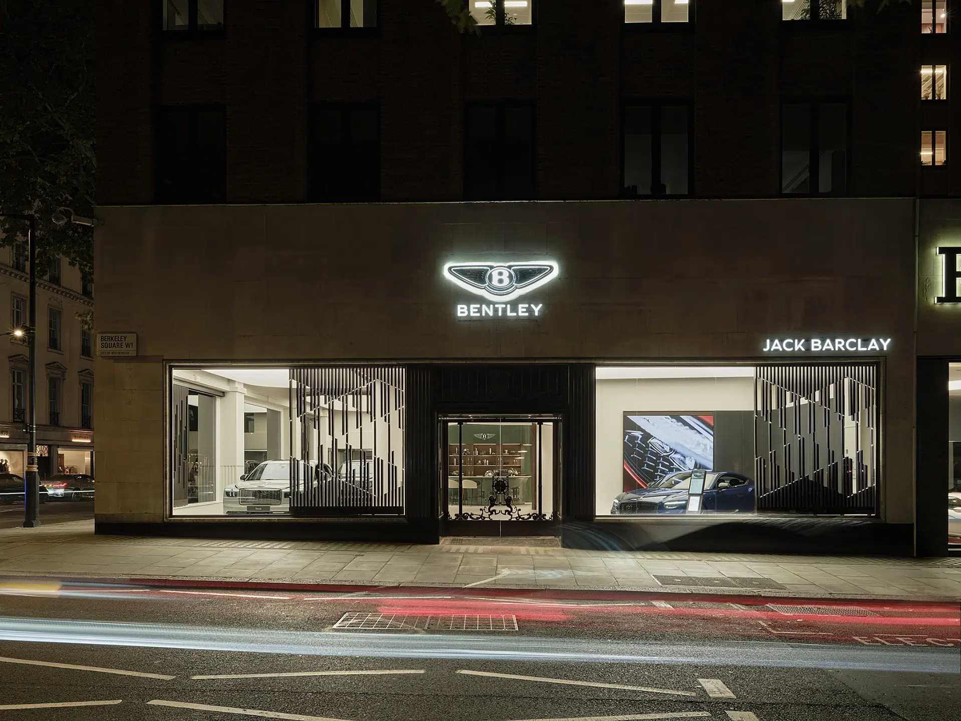 Bentley Jack Barclay London showroom exterior at night Bentley Jack Barclay London showroom exterior at night