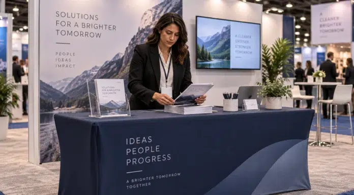 Dress the Venue: Why Totally Branded Tablecloths are Crucial for Exhibition Stands Exhibition Stand Tablecloths. AI Image by ChatGPT