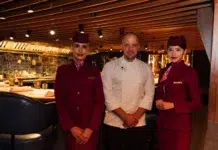 Qatar Airways Brings James Knappett’s Kitchen to 35,000 Feet James Knappett with Qatar Airways cabin crew at Kitchen Table in London