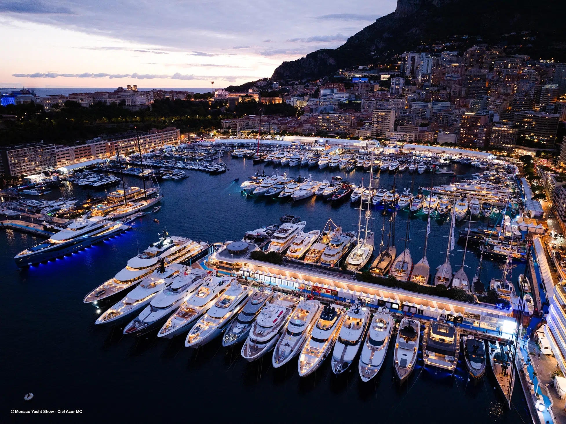 Aerial view of Port Hercule during the Monaco Yacht Show. @ Monaco Yacht Show - Ciel Azur MC Aerial view of Port Hercule during the Monaco Yacht Show. @ Monaco Yacht Show - Ciel Azur MC