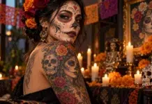 Día de los Muertos Ink: The Art and Meaning Behind Sugar Skull and Catrina Tattoos Candlelit Día de los Muertos Portrait
