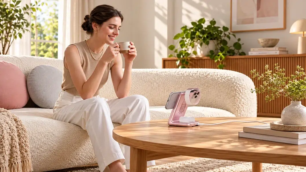 Cozy Living Room with Pink Phone Stand Cozy Living Room with Pink Phone Stand