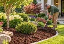 Why Mulch is Essential for Landscaping Gardener Raking a Vibrant Front Yard for a Landscape