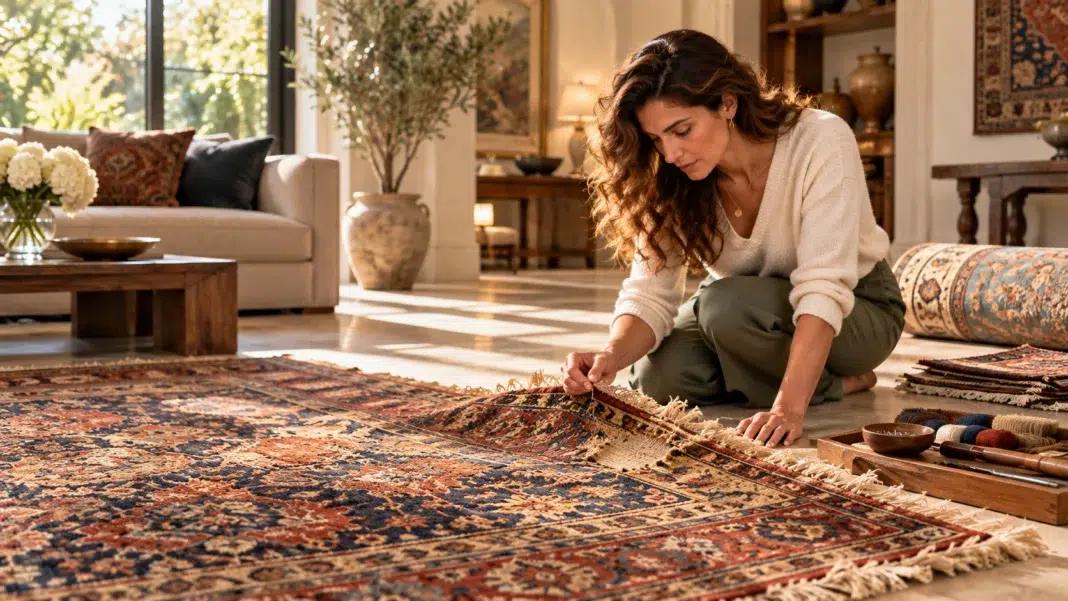 Inspecting a Patterned Persian Rug Inspecting a Patterned Persian Rug
