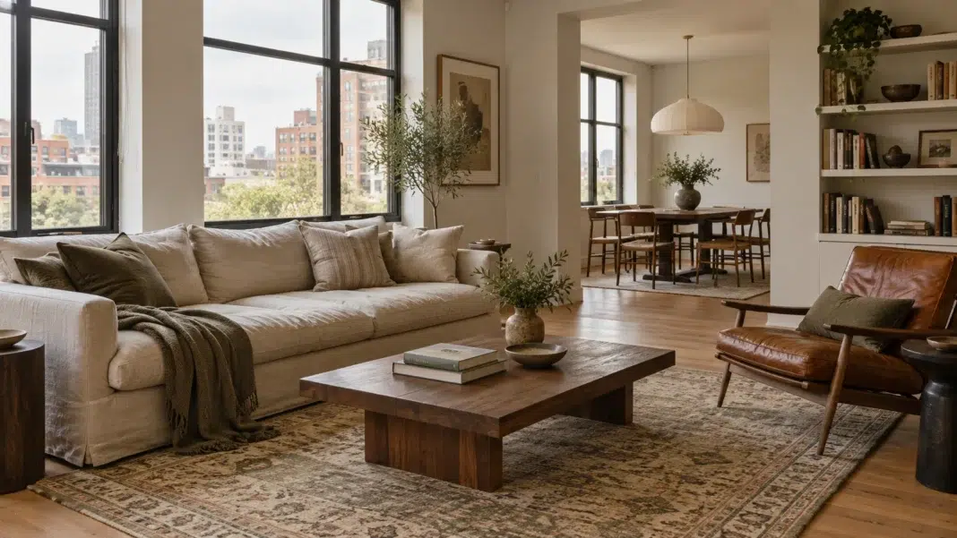 Modern apartment living, warmly layered Modern apartment living, warmly layered