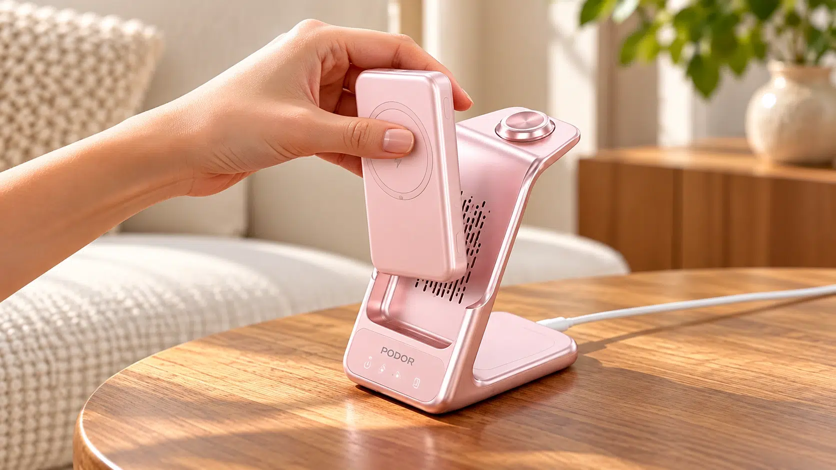 Pink Wireless Charger on Wooden Table Pink Wireless Charger on Wooden Table
