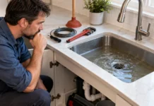 When a Recurring Drain Problem Is More Than a Clog Plumber Plumber Inspecting a Clogged Kitchen Sink. Ai Chatgpt