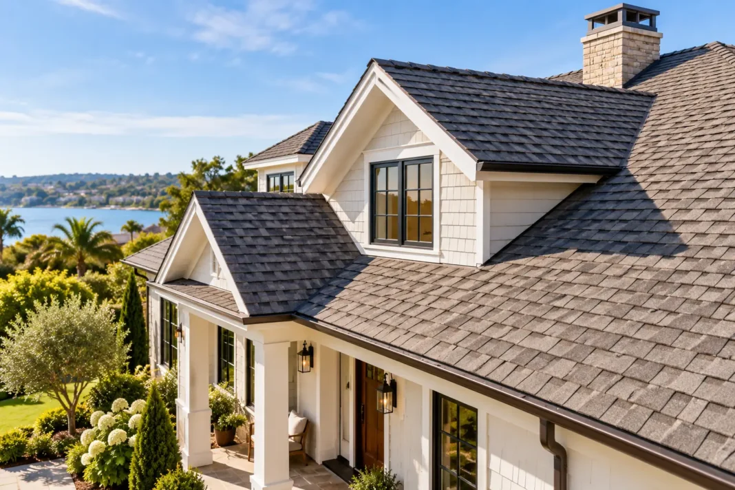 Sunlit Coastal Gabled Home by the Water with shingle roof Sunlit Coastal Gabled Home by the Water with shingle roof