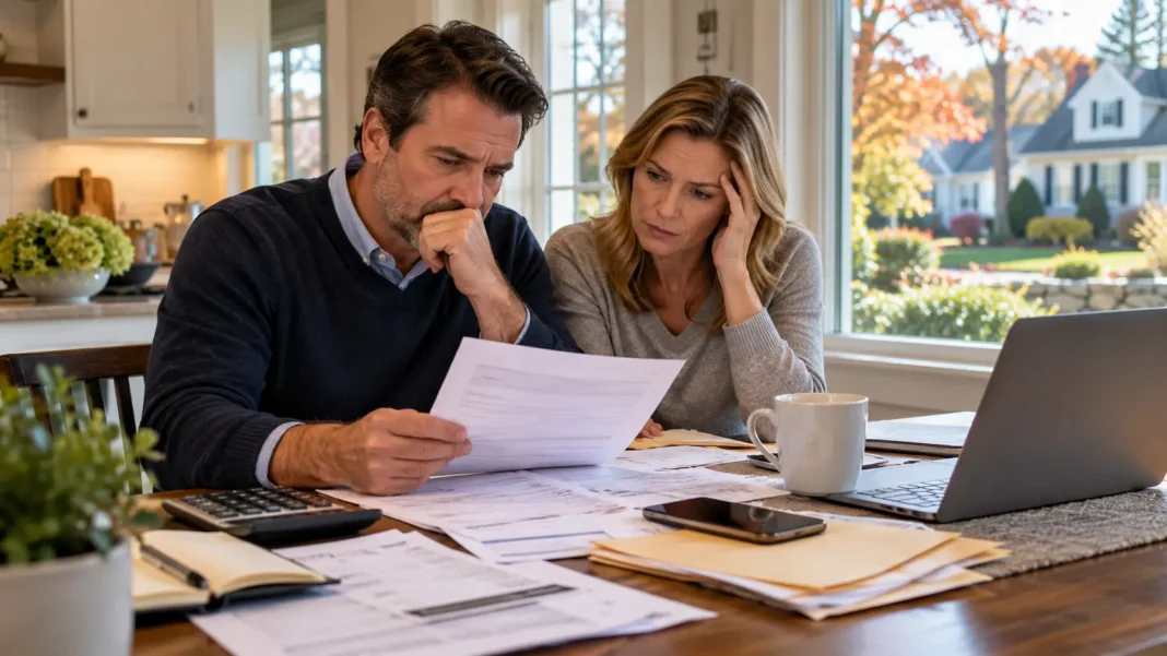 Worried Couple Reviewing Foreclosure paperwork. AI ChatGPT Worried Couple Reviewing Foreclosure paperwork. AI ChatGPT