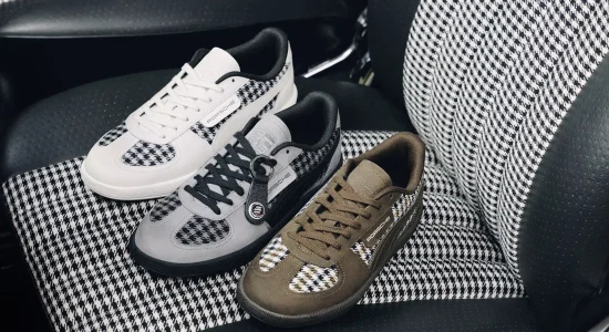 PUMA x Porsche Pepita sneakers inside a classic Porsche