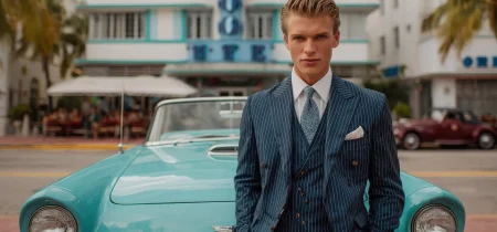 A well-dressed young man standing confidentially in front of a classic car in Miami Beach art deco. Photo vecteezy
