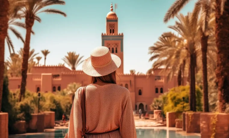 A woman with a straw hat traveling through Morocco. Photo vecteezy-medium