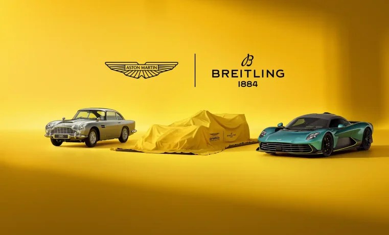 Aston Martin and Breitling partnership reveal featuring classic DB5 and modern hypercar during collaboration launch.