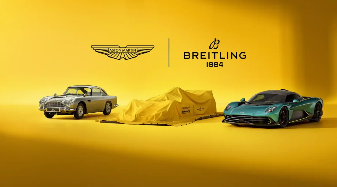 Aston Martin and Breitling partnership reveal featuring classic DB5 and modern hypercar during collaboration launch.